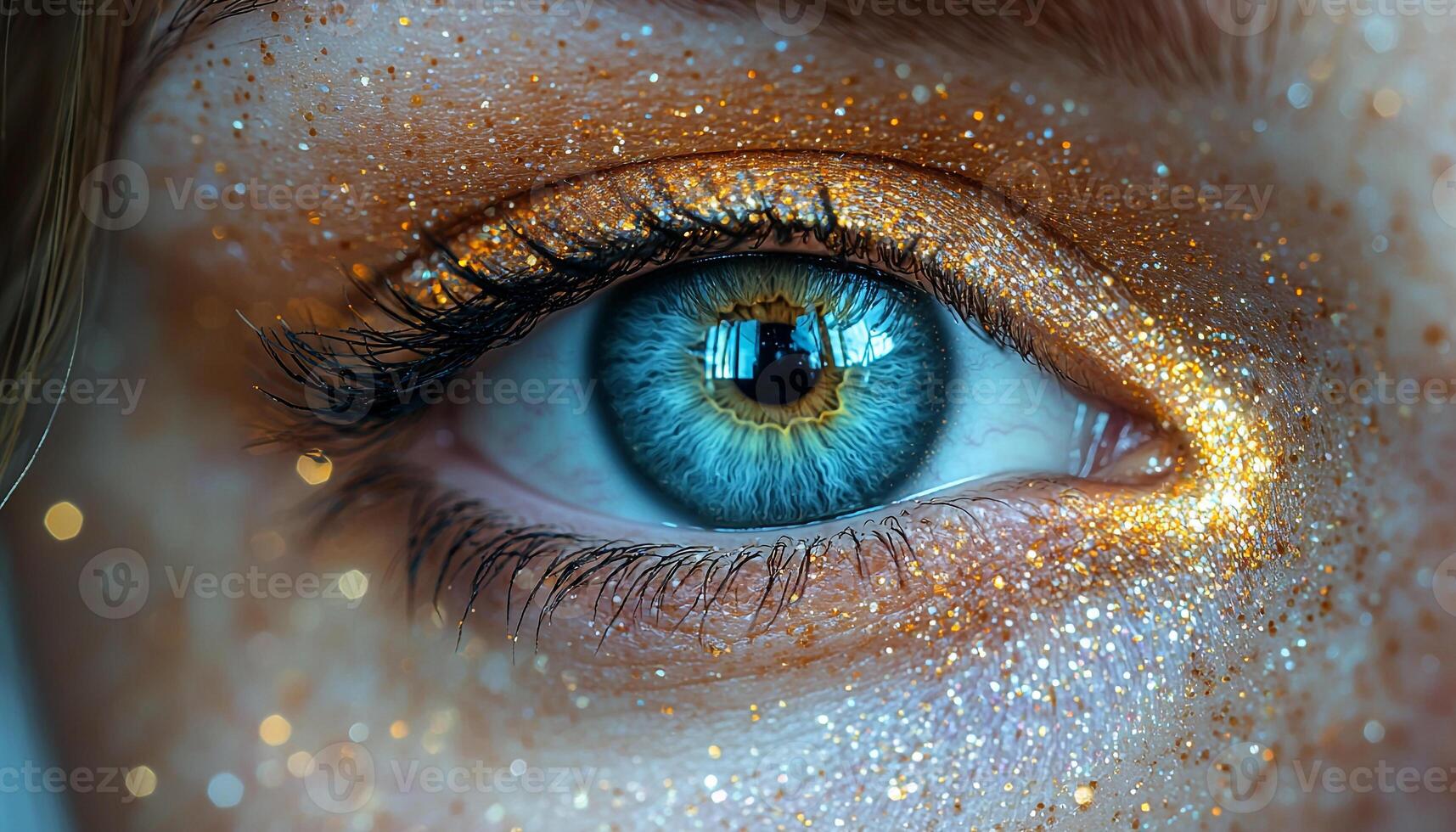 Blue iris staring, glowing in dark abstract background. generated by AI photo