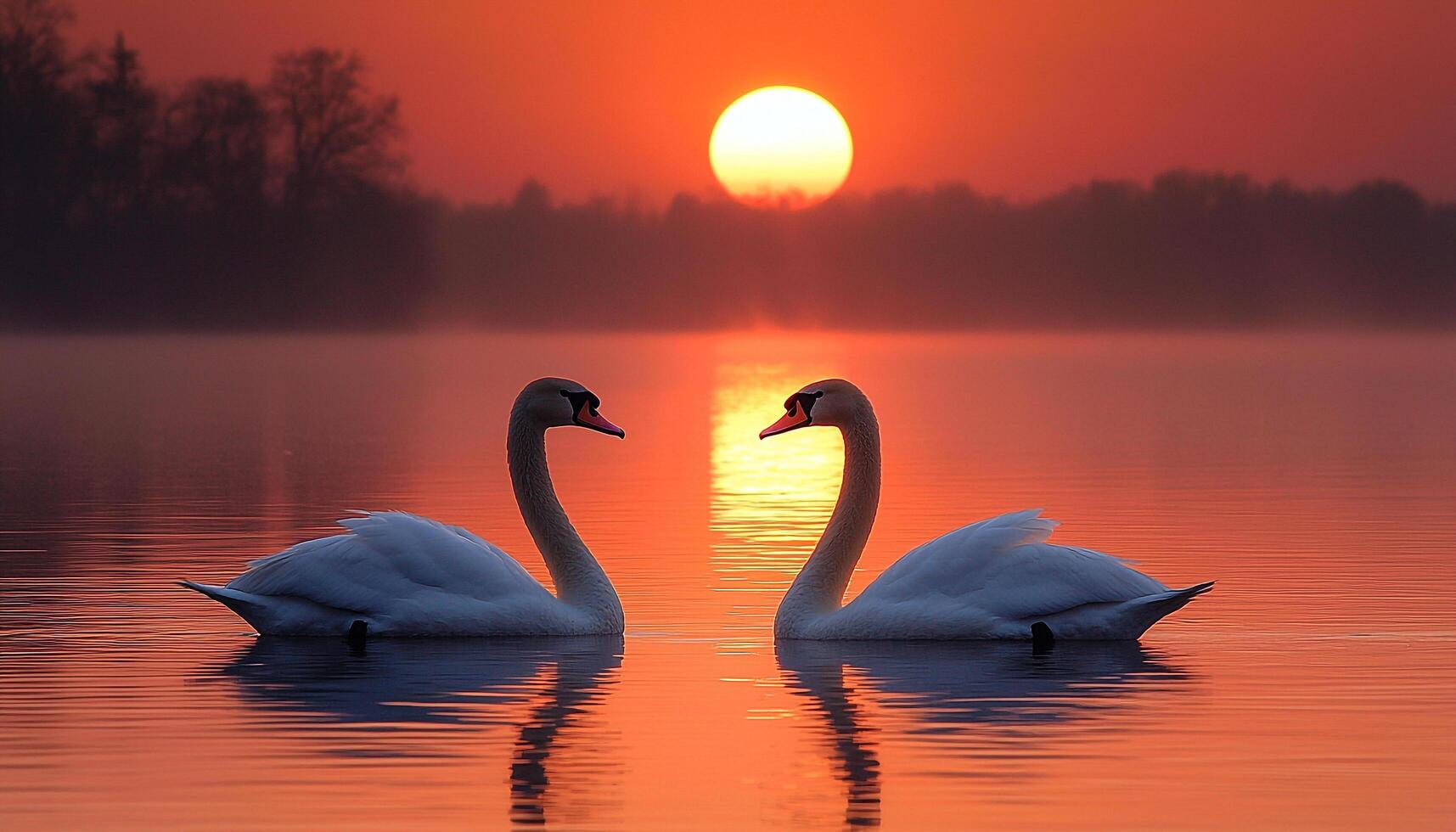 Swan silhouette reflects in tranquil water at sunset generated by AI photo