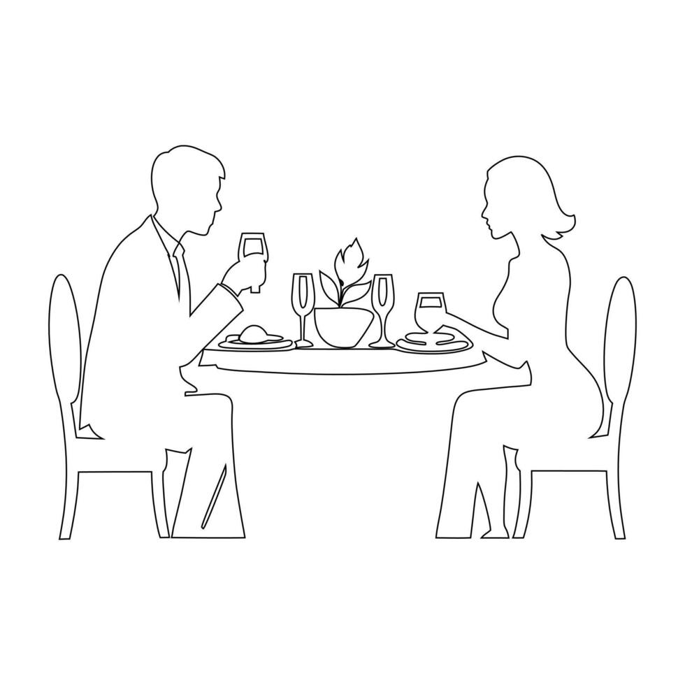 Elegant Couples Dining Out Line Art Illustration on White Background - Romantic Restaurant Scene vector