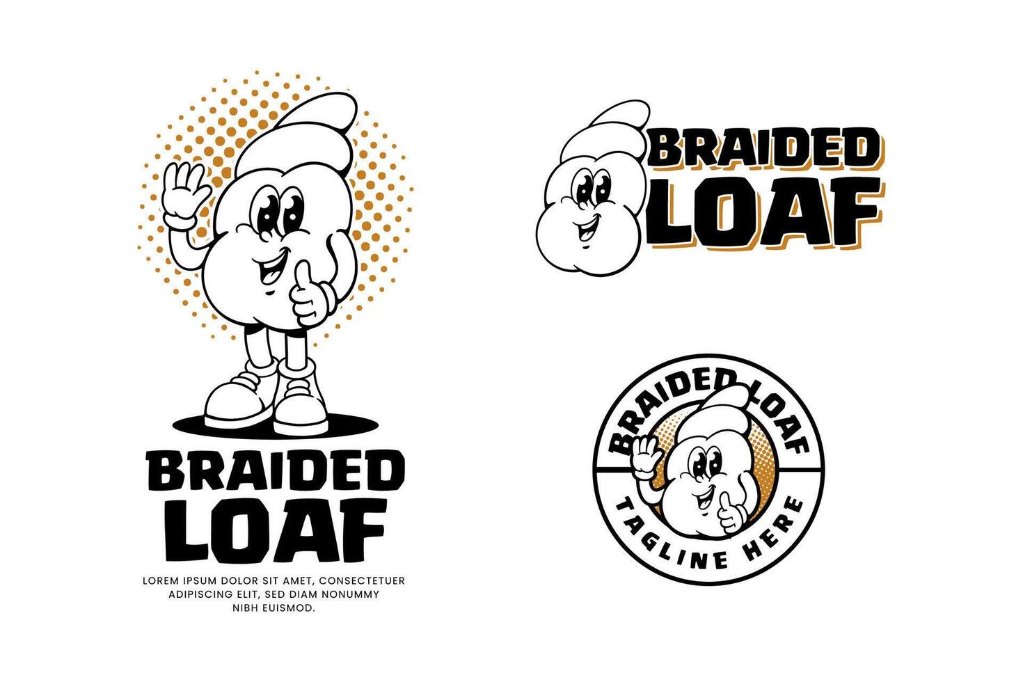 braided loaf bakery outline retro cartoon character mascot illustration with standing pose, showing waving and nice hand for pastry, dessert, restaurant, bake shop mascots and merchandise vector