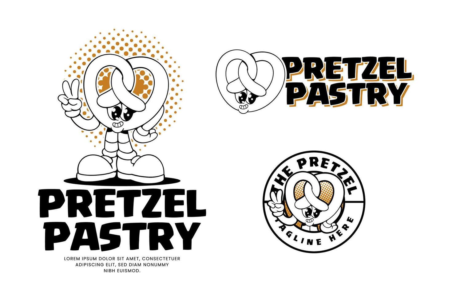 pretzel pastry bakery outline retro cartoon character mascot illustration with standing pose and showing peace hand for snack, dessert, restaurant, bake shop mascots and merchandise vector