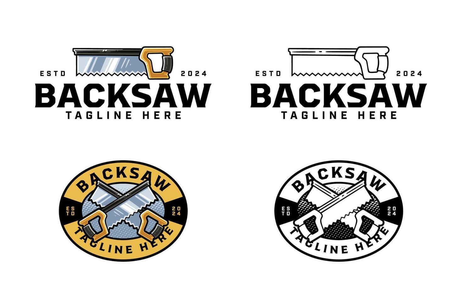 backsaw with handle colorful and outline logo design set for workshop and carpenter. backsaw cutting tool crossed illustration badge logo template for woodwork, craftsman vector