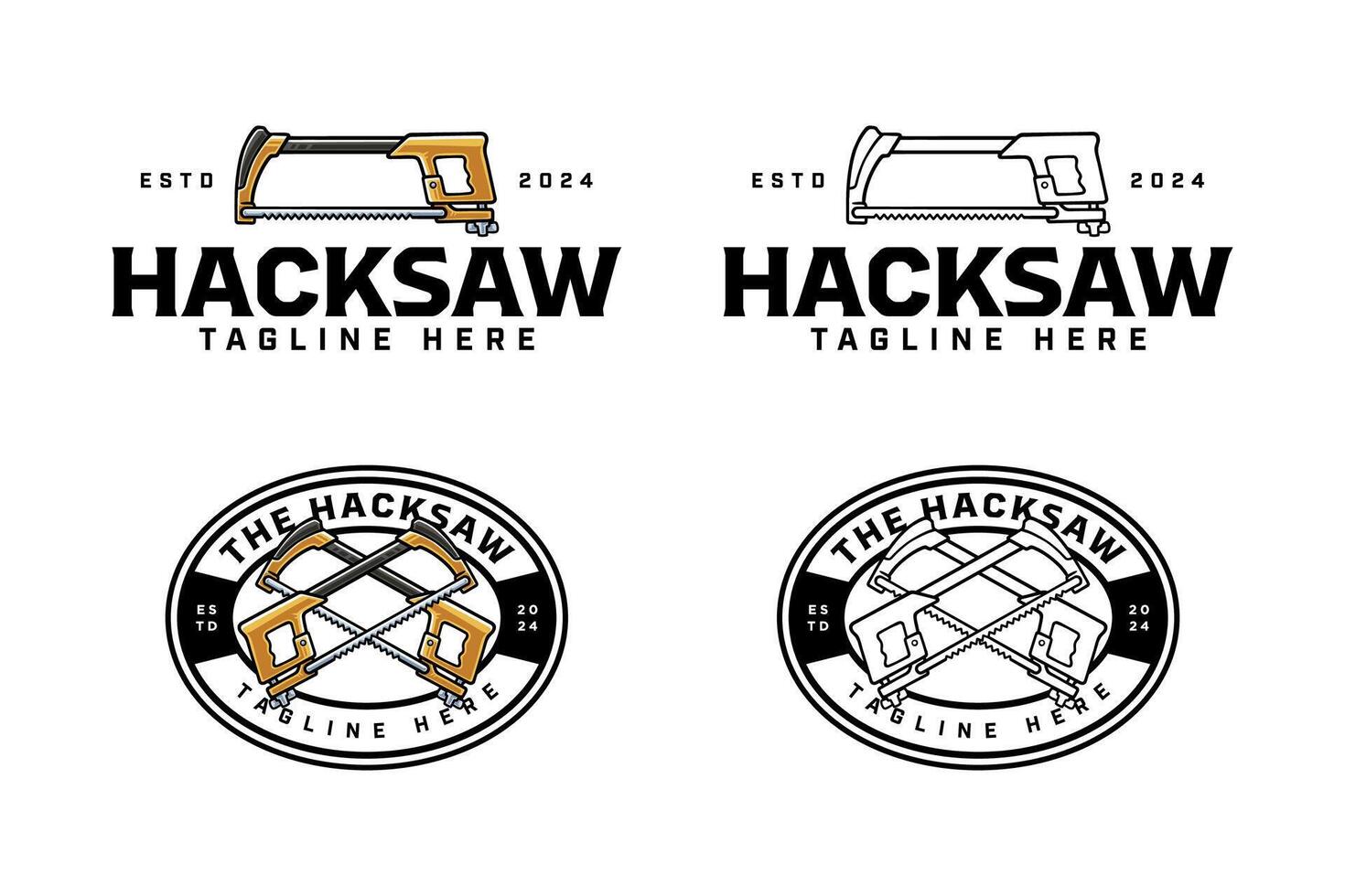 hacksaw with handle colorful and outline logo design set for workshop and carpenter. hacksaw cutting tool crossed illustration badge logo template for woodwork, craftsman vector