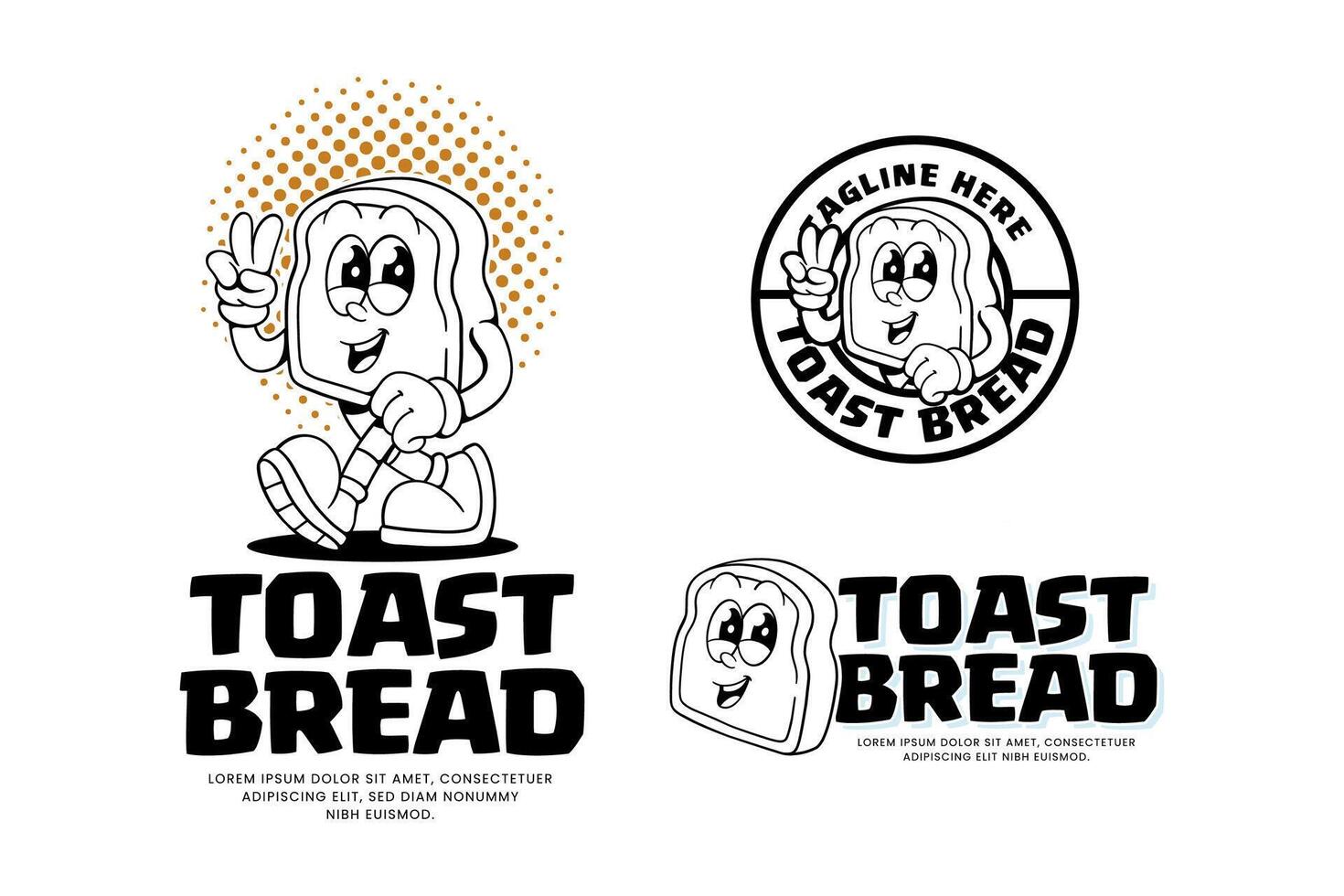 toast bread bakery outline retro cartoon character mascot illustration with walking pose and showing peace hand for pastry, dessert, restaurant, bake shop mascots and merchandise vector