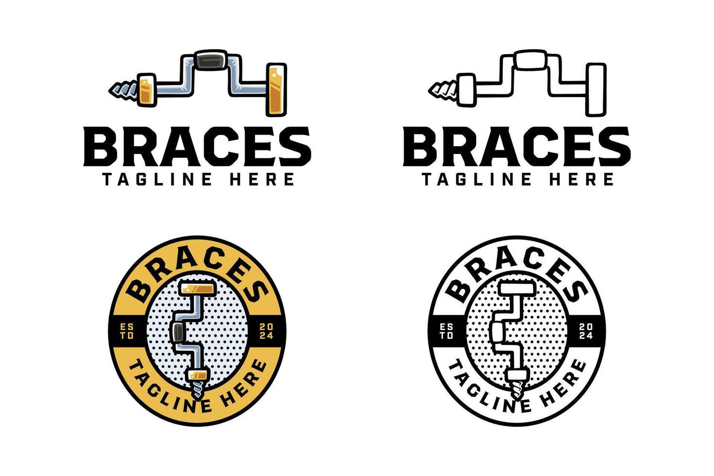 wheel brace tool colorful and outline logo design set for workshop and carpenter. brace carpenter hand drill tool illustration badge logo template for woodwork, craftsman vector