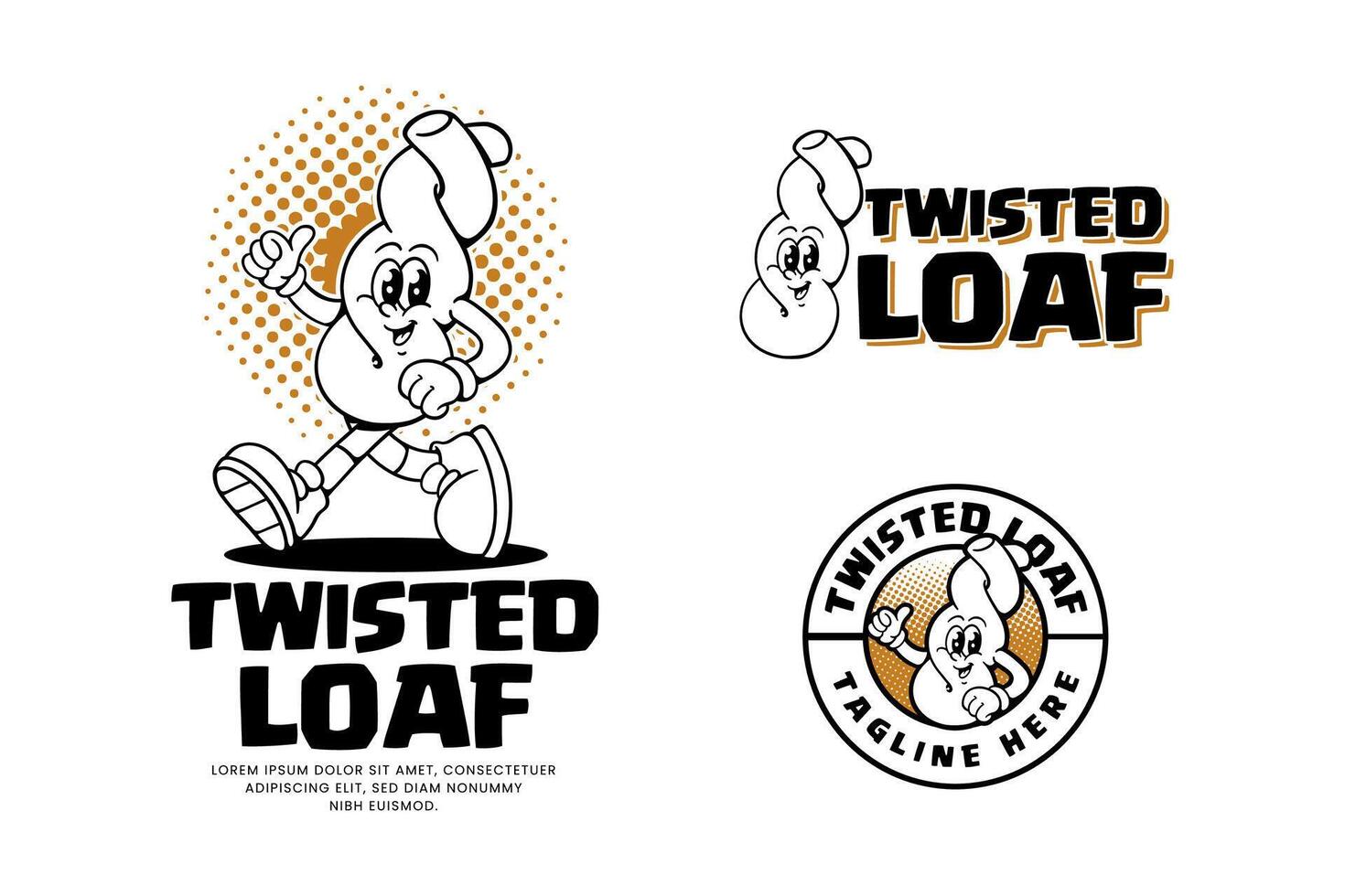 twisted loaf bakery outline retro cartoon character mascot illustration with walking pose and showing nice hand for pastry, dessert, restaurant, bake shop mascots and merchandise vector