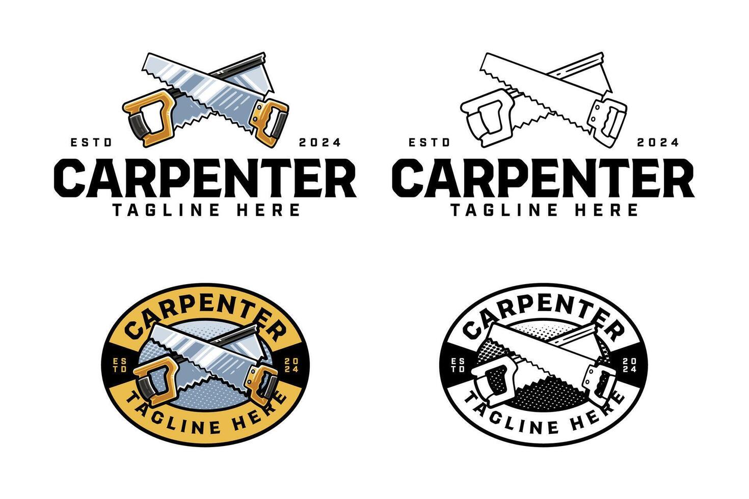 handsaw, backsaw crossed colorful and outline logo design set for workshop and carpenter. backsaw, handsaw cutting tool crossed illustration badge logo template for woodwork, craftsman vector