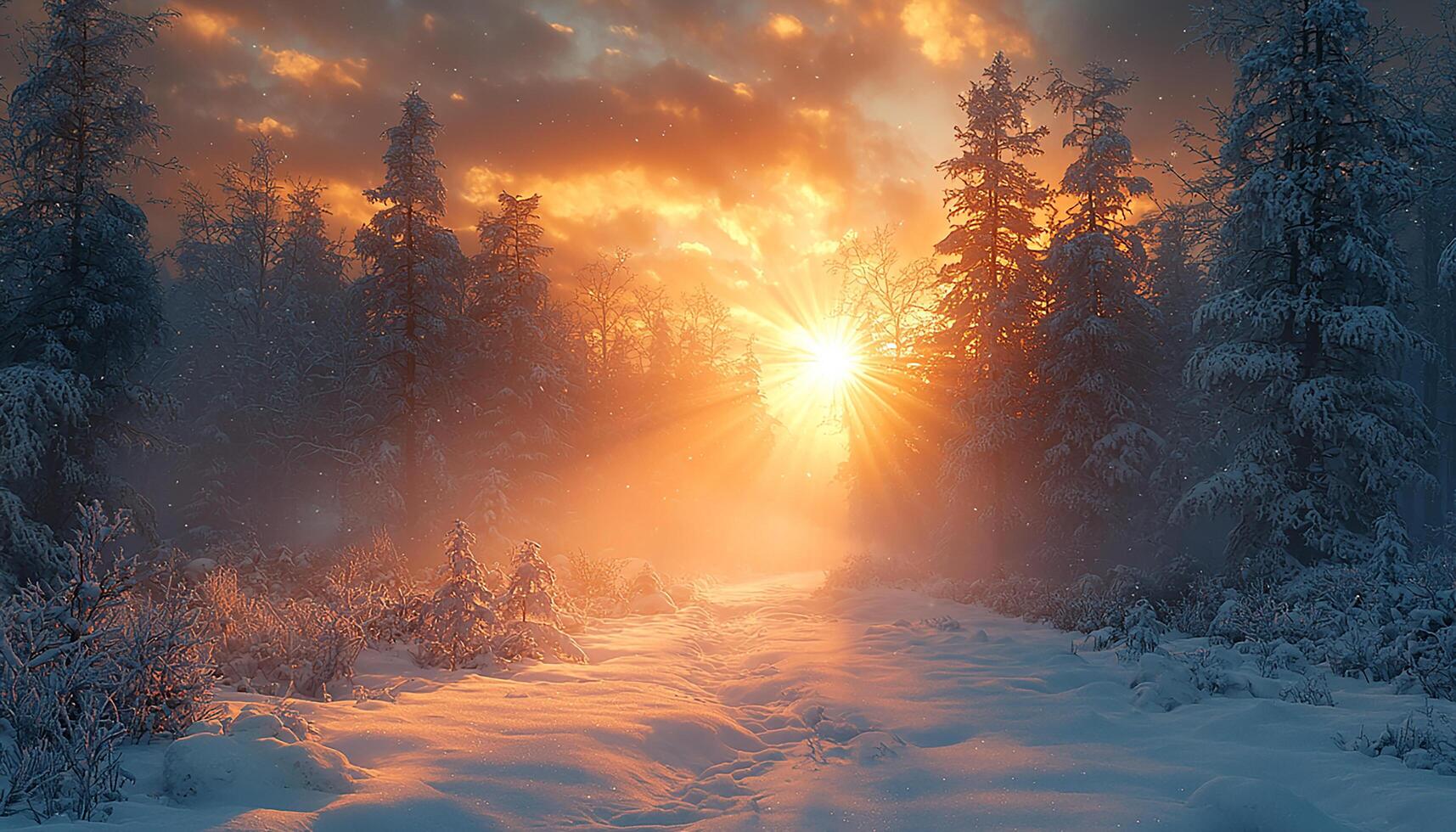 Sunset over snowy forest, winter landscape beauty dawn generated by AI photo