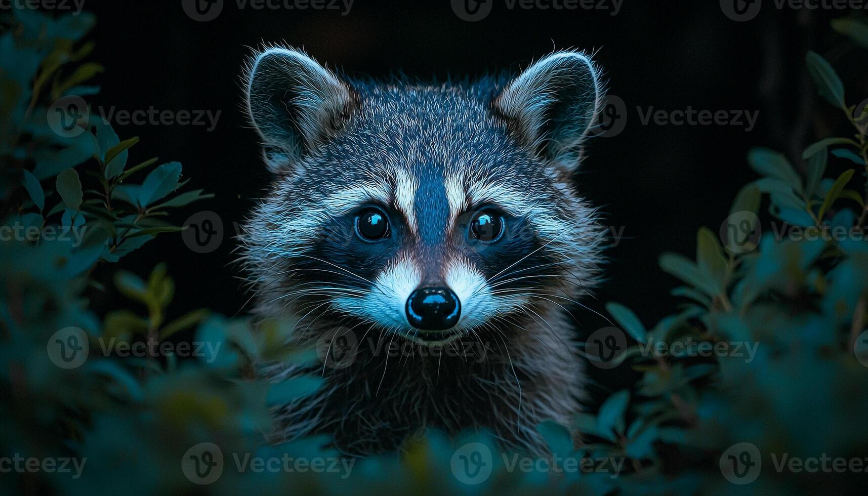 Cute small raccoon in forest looking at camera generated by AI photo