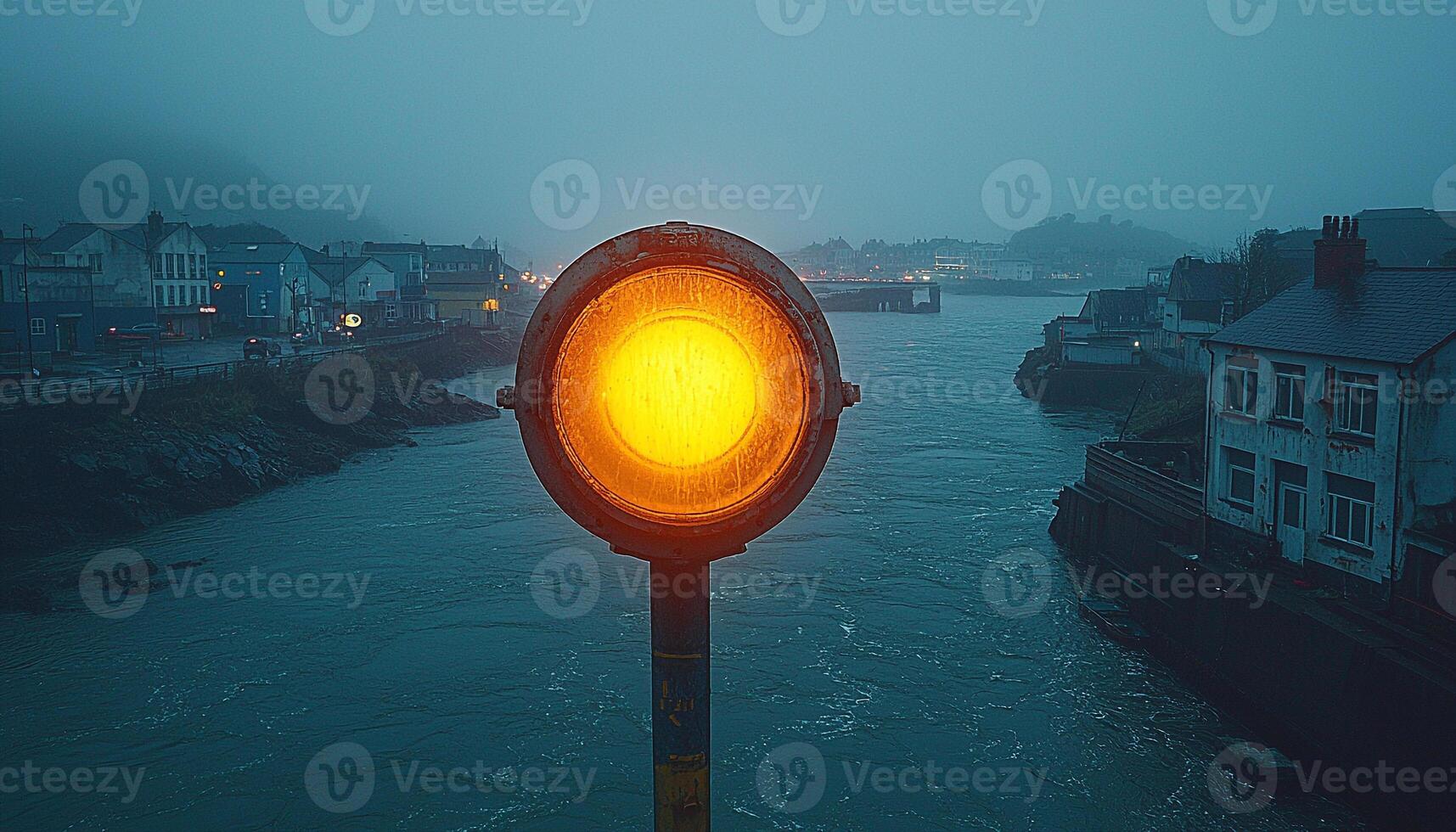 City lights illuminate winter night, fog covers coastline generated by AI photo