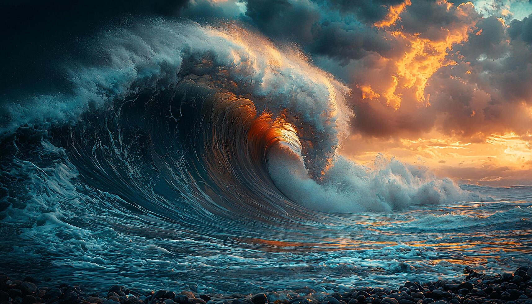 Sunset over ocean, waves crashing on coastline, beauty generated by AI photo