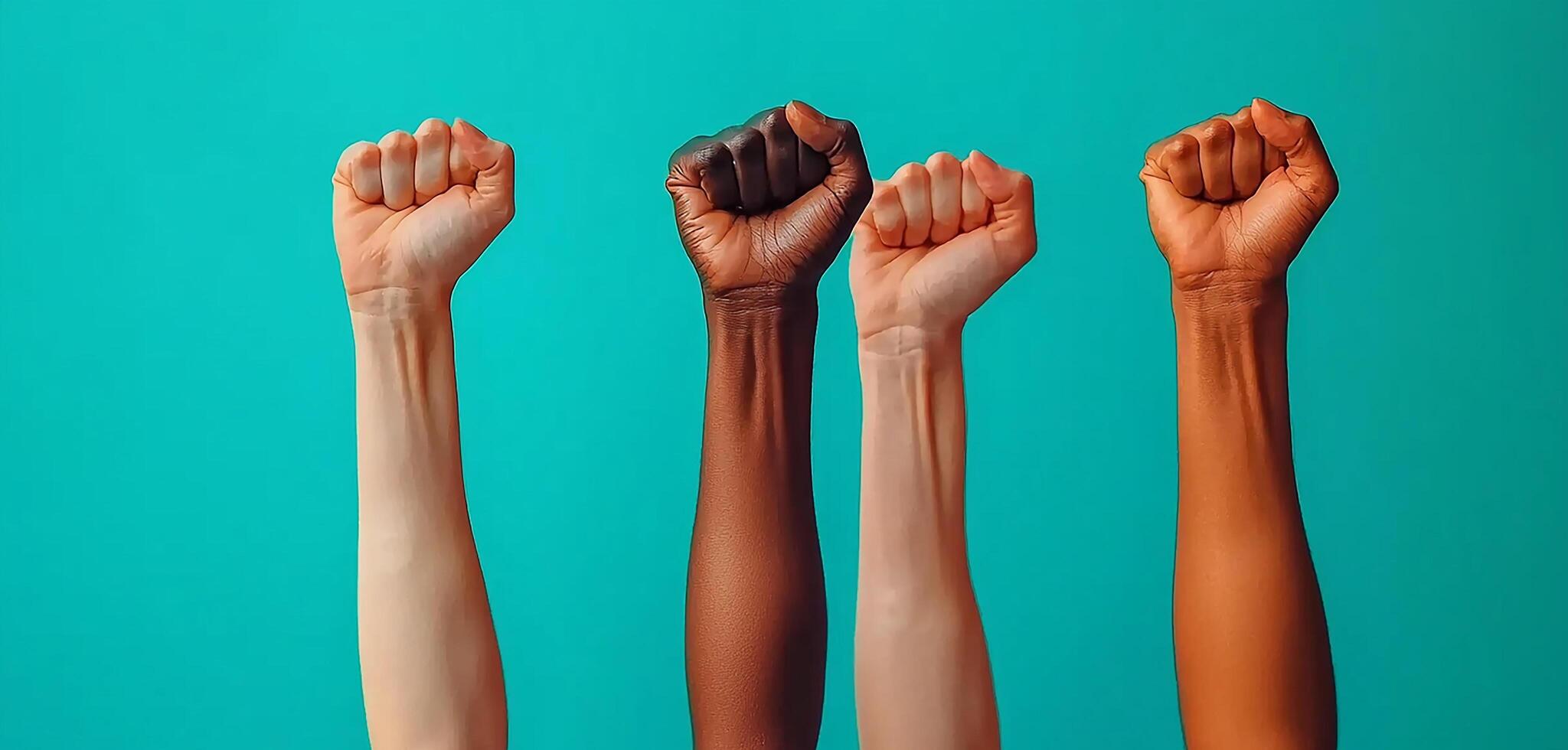 Teamwork and success with hands raised in unity generated by AI photo