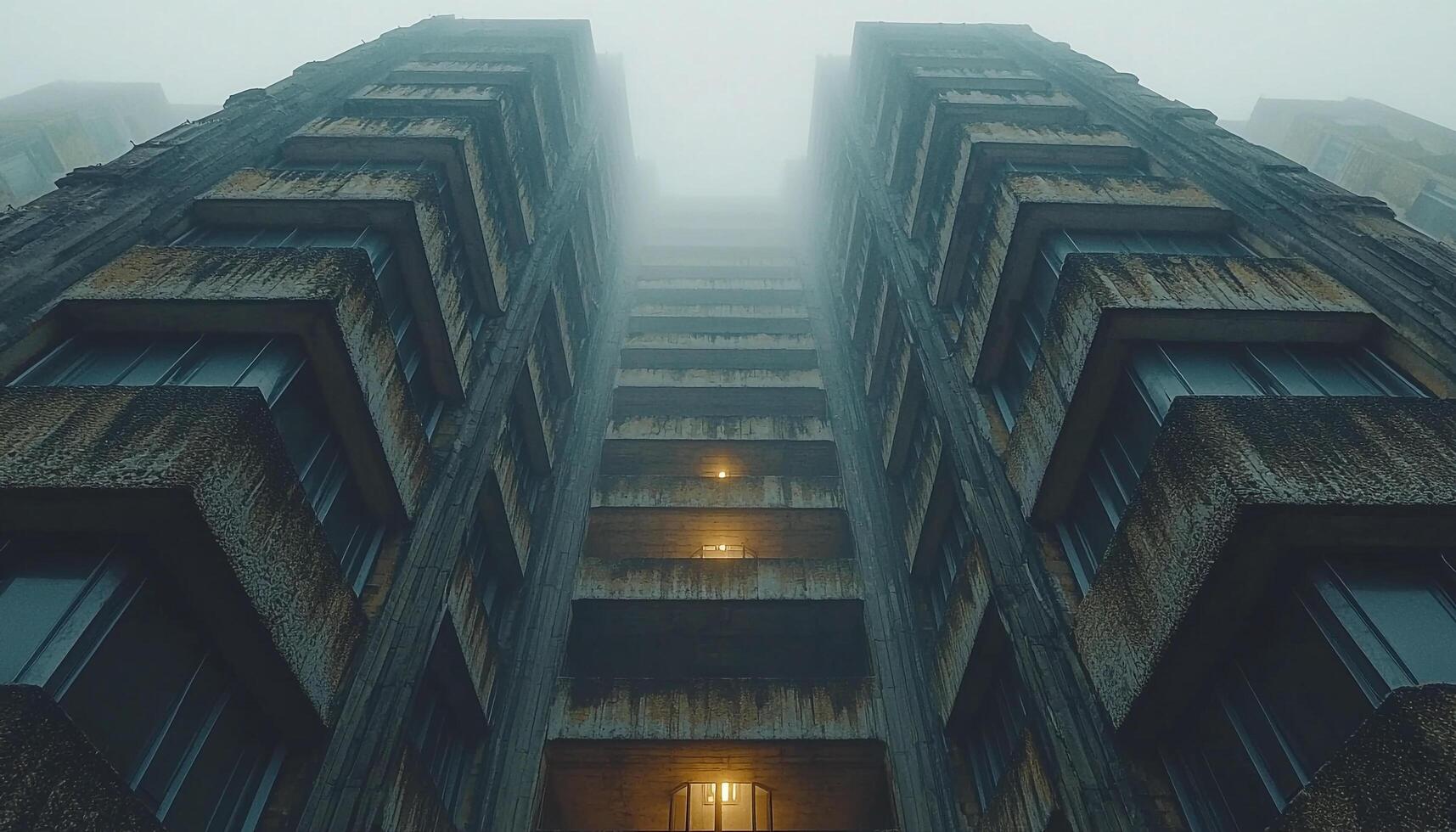 Modern skyscraper in city at night, foggy dusk generated by AI photo