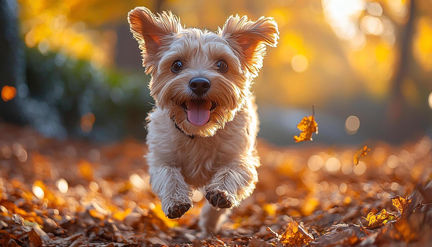 Cute puppy running in autumn forest, pure happiness generated by AI photo
