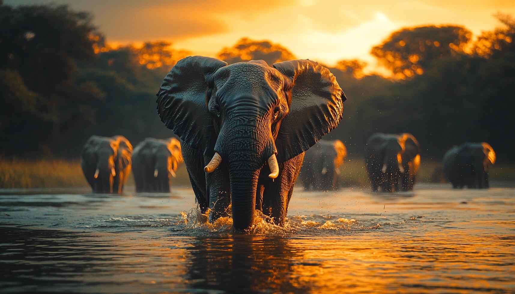 Elephant herd in Africa at sunset, tranquil beauty generated by AI photo