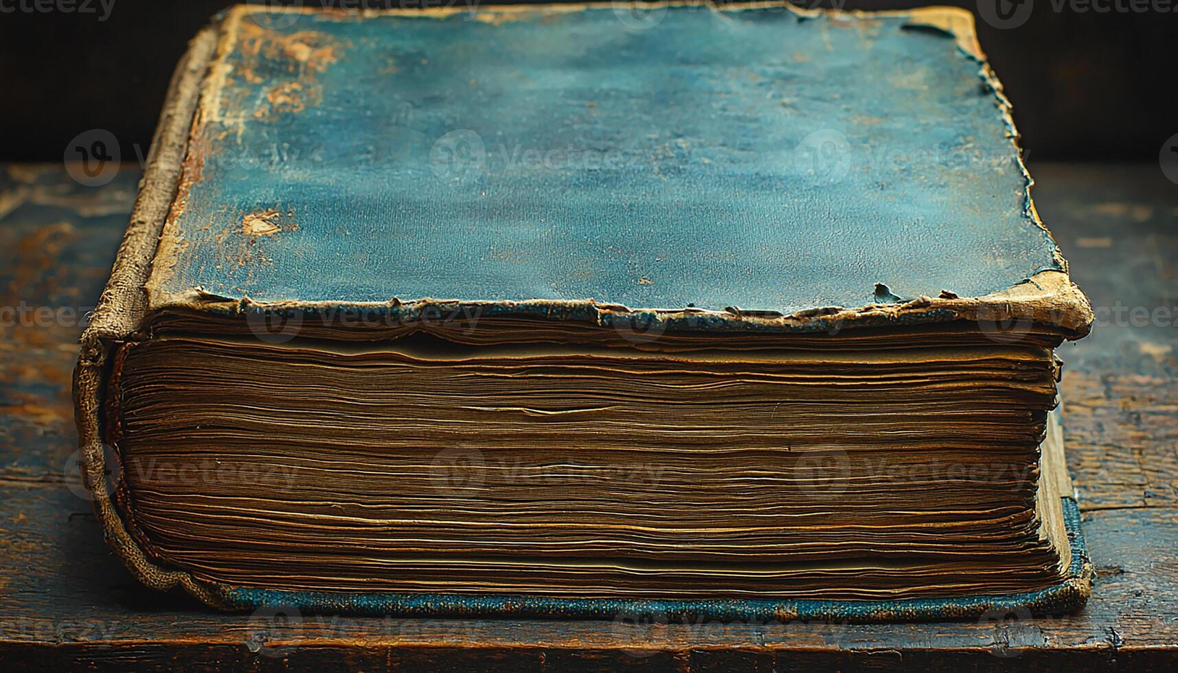 Ancient literature on table, old book collection wisdom generated by AI photo