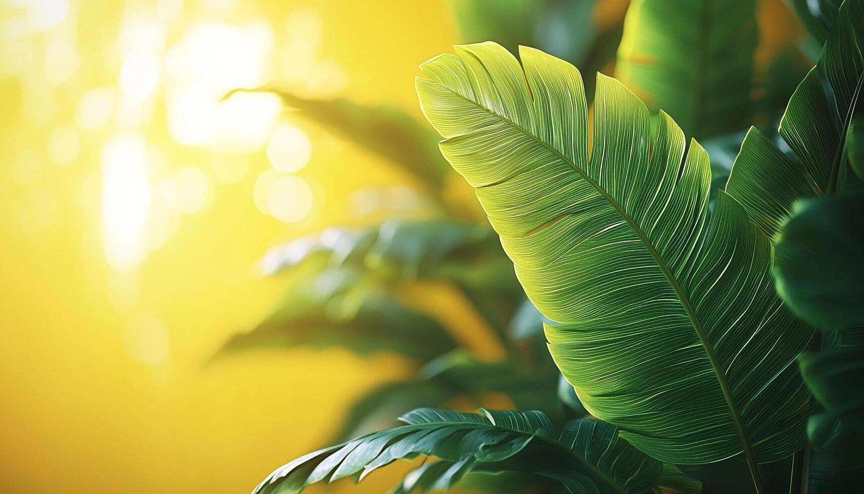 Green leaf pattern on tropical palm tree branch generated by AI photo