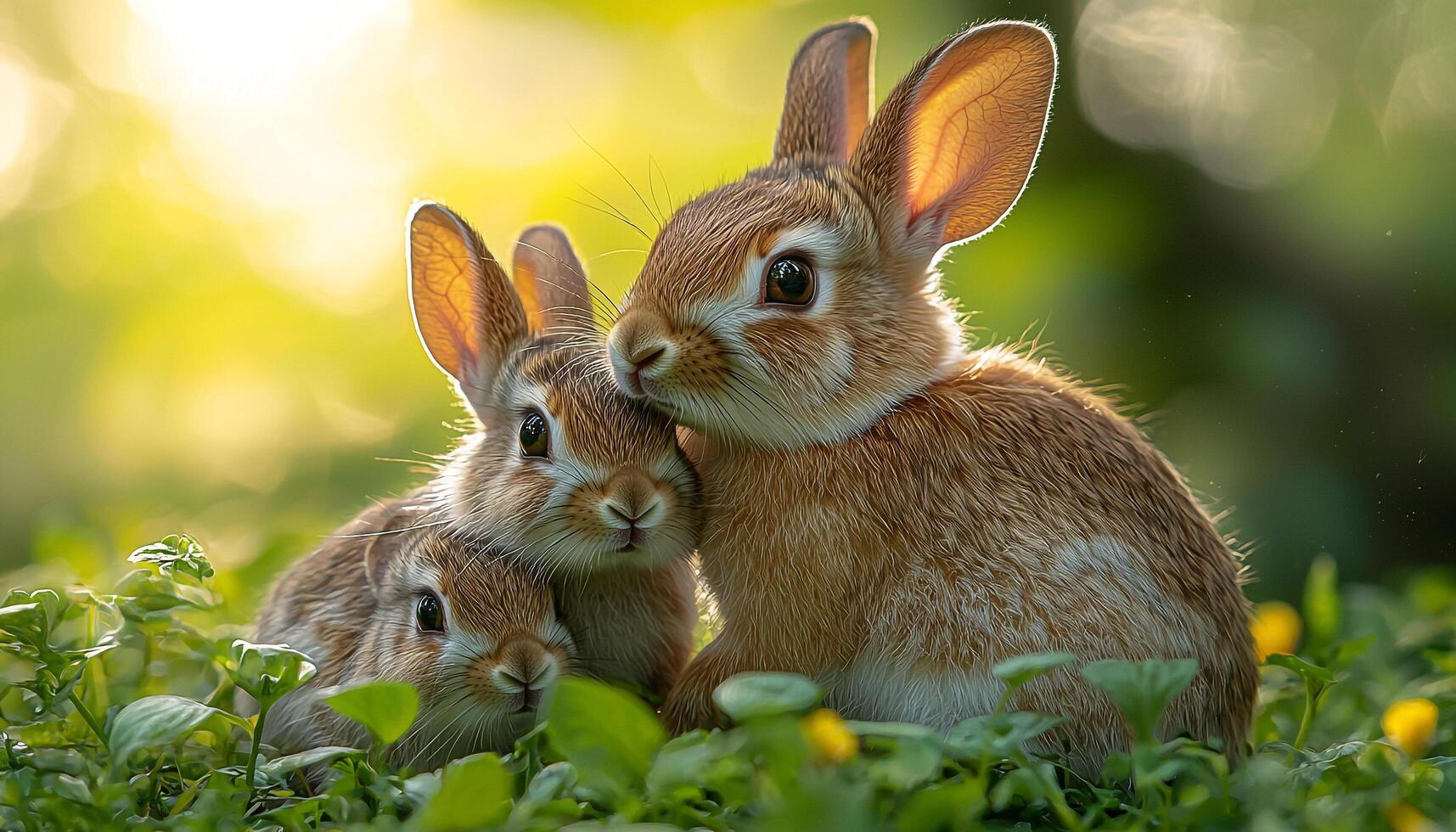 Fluffy baby rabbit sitting in green grass field generated by AI photo