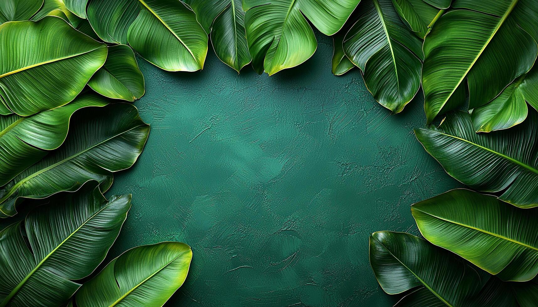 Green leaves pattern on tropical forest wall backdrop generated by AI photo
