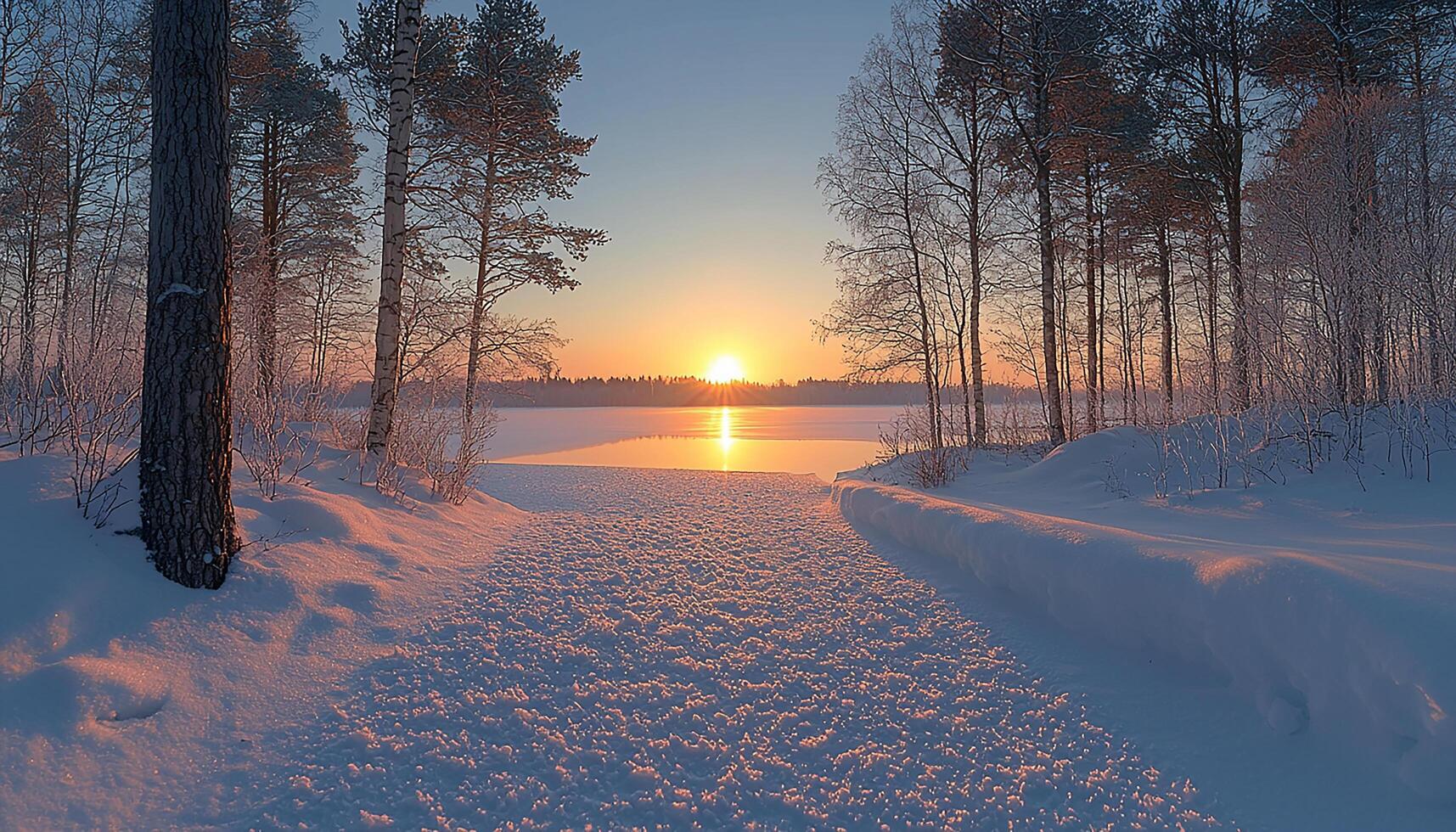 Sunset over snowy forest, tranquil beauty in nature generated by AI photo
