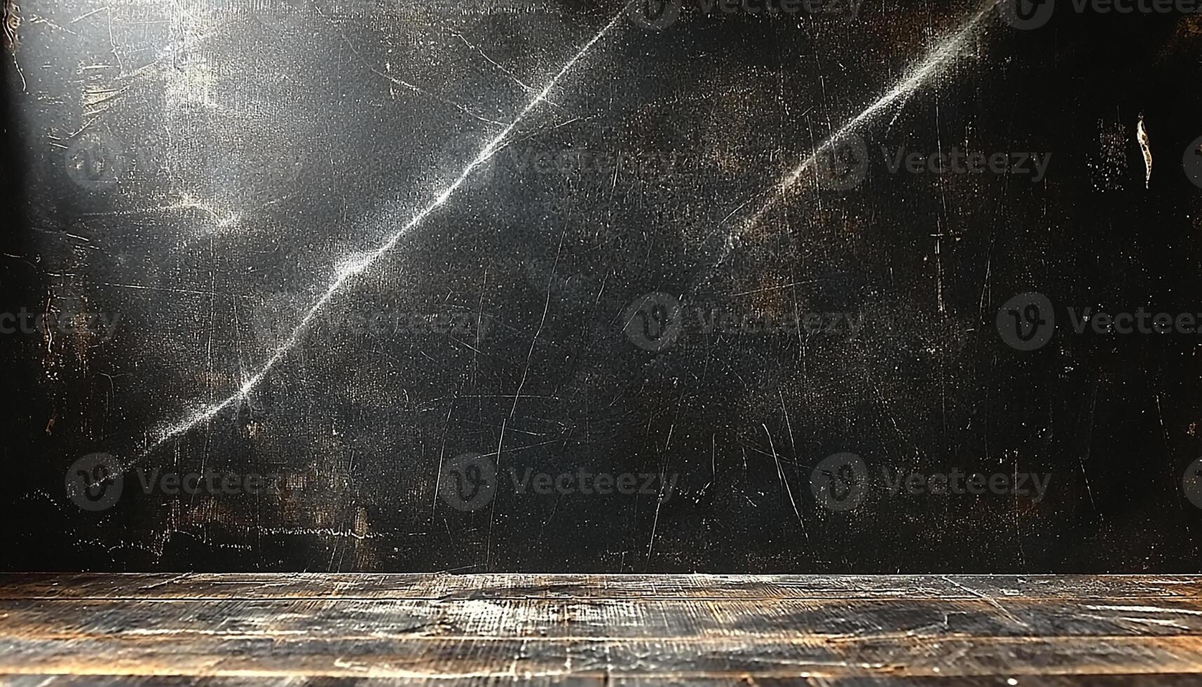 Old wooden table against dirty wall in empty room generated by AI photo