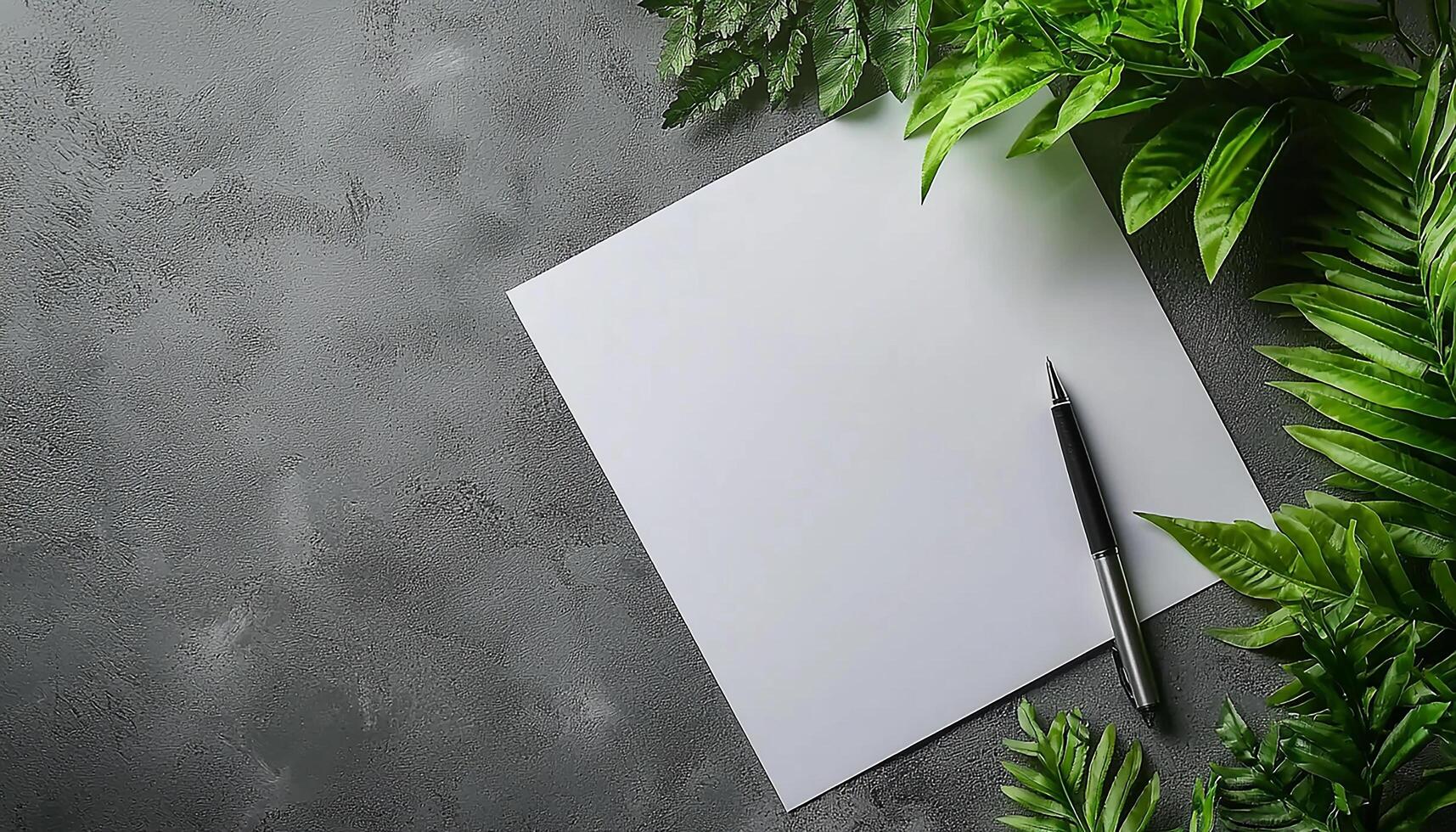 Modern office desk with blank paper and plant generated by AI photo
