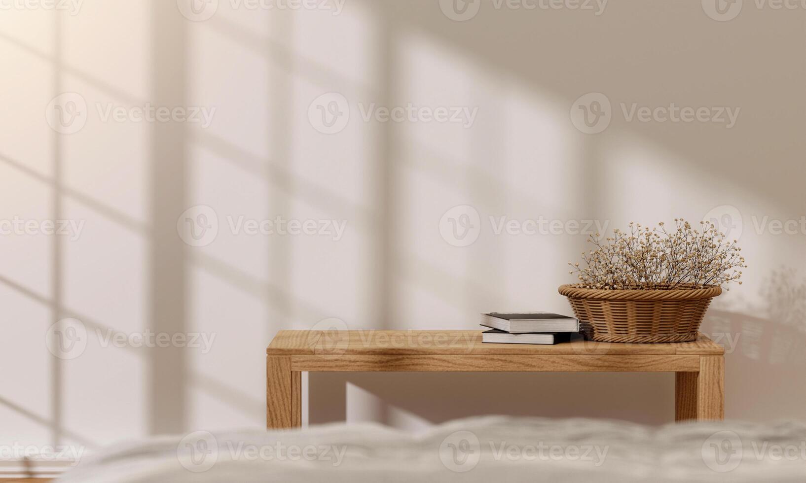 Minimalist Bedroom Decor with Wooden Table and Natural Light 3D Render photo