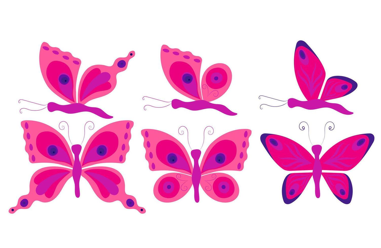 Small set of pink butterflies with blue and purple circles. illustration. vector