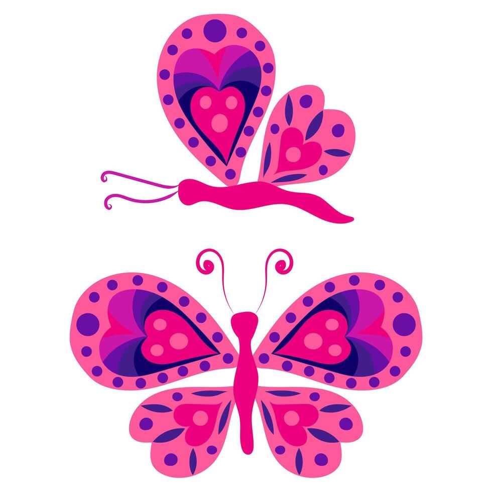 Pink purple butterfly with hearts and circles on wings. Psychedelic style. vector