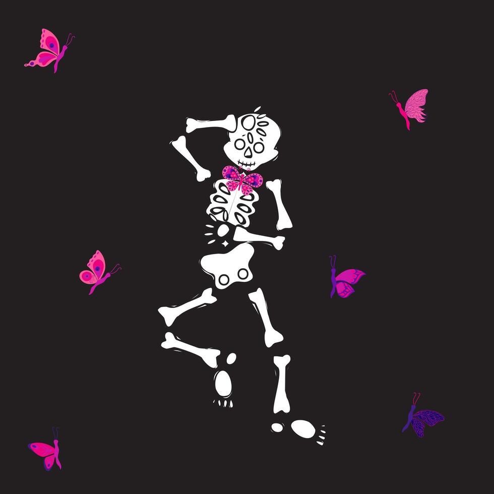 Skeleton dancing. On his neck he has a live bow tie. Butterflies are flying around. Picture for Halloween and Mexican Day of the Dead. illustration on a black background. vector