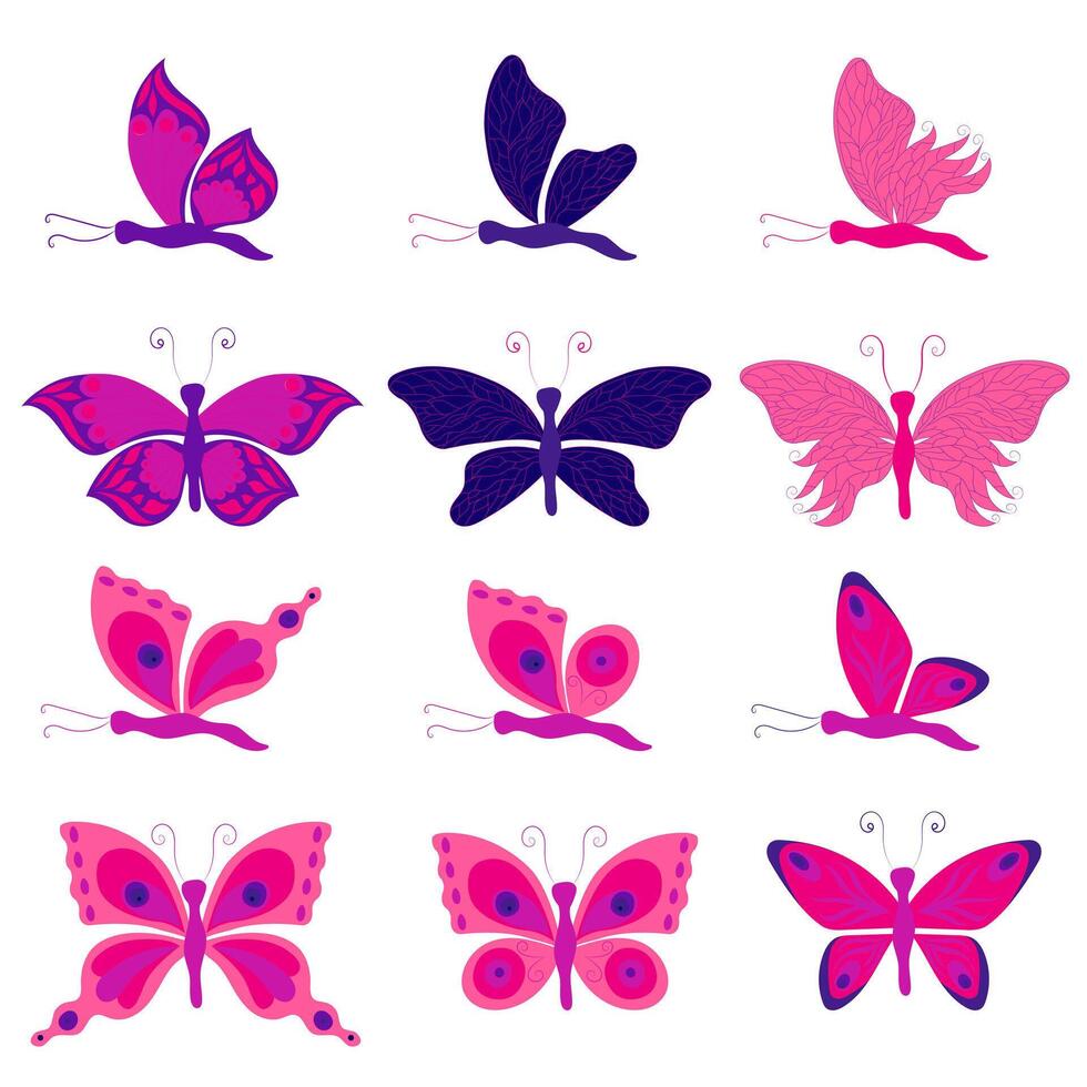 Set of pink and purple butterflies. illustration isolated on white background. vector