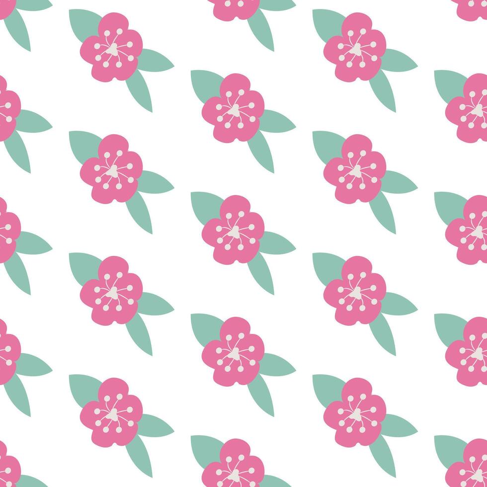 Simple pink flower with three leaves. Seamless pattern. vector