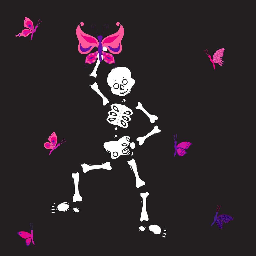 Skeleton holding a big butterfly over his head and dancing. illustration on a black background. vector