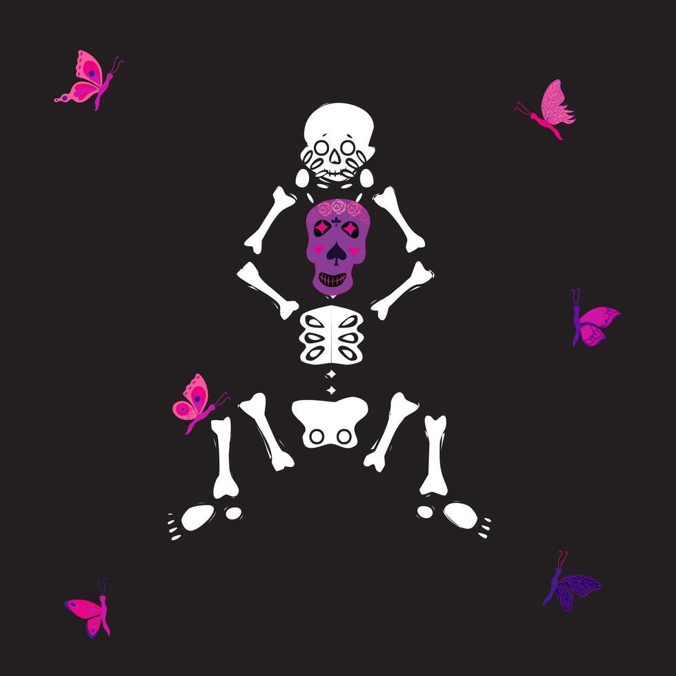 Cute skeleton dancing with sugar skull and pink butterfly. illustration on black background. vector
