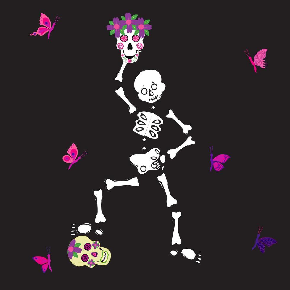 Skeleton dancing. Under his foot is one sugar skull, and in his hand high above his head is another sugar skull. Butterflies are flying around. Picture for Halloween and Mexican Day of the Dead. vector