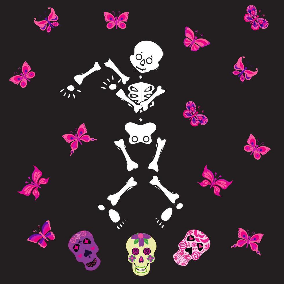 Cute skeleton dancing with sugar skull and pink butterfly. illustration on black background. vector