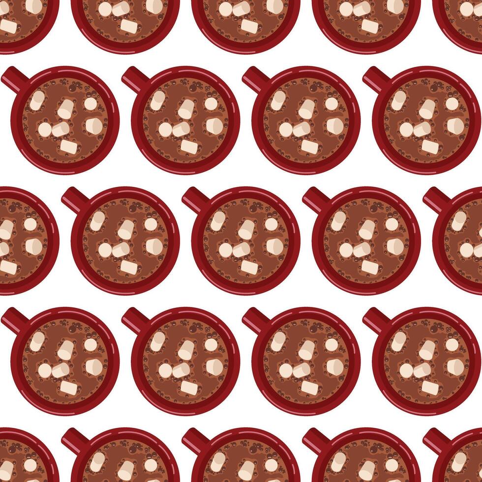 Red mug with hot chocolate and marshmallow. Hot drink. The concept of warmth and comfort in the cold season. Seamless pattern. vector