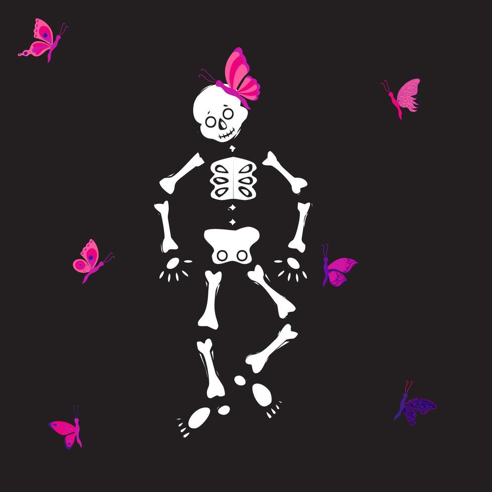 Skeleton dancing. He has a live butterfly sitting on his skull. Butterflies are flying around. Picture for Halloween and Mexican Day of the Dead. illustration on a black background. vector