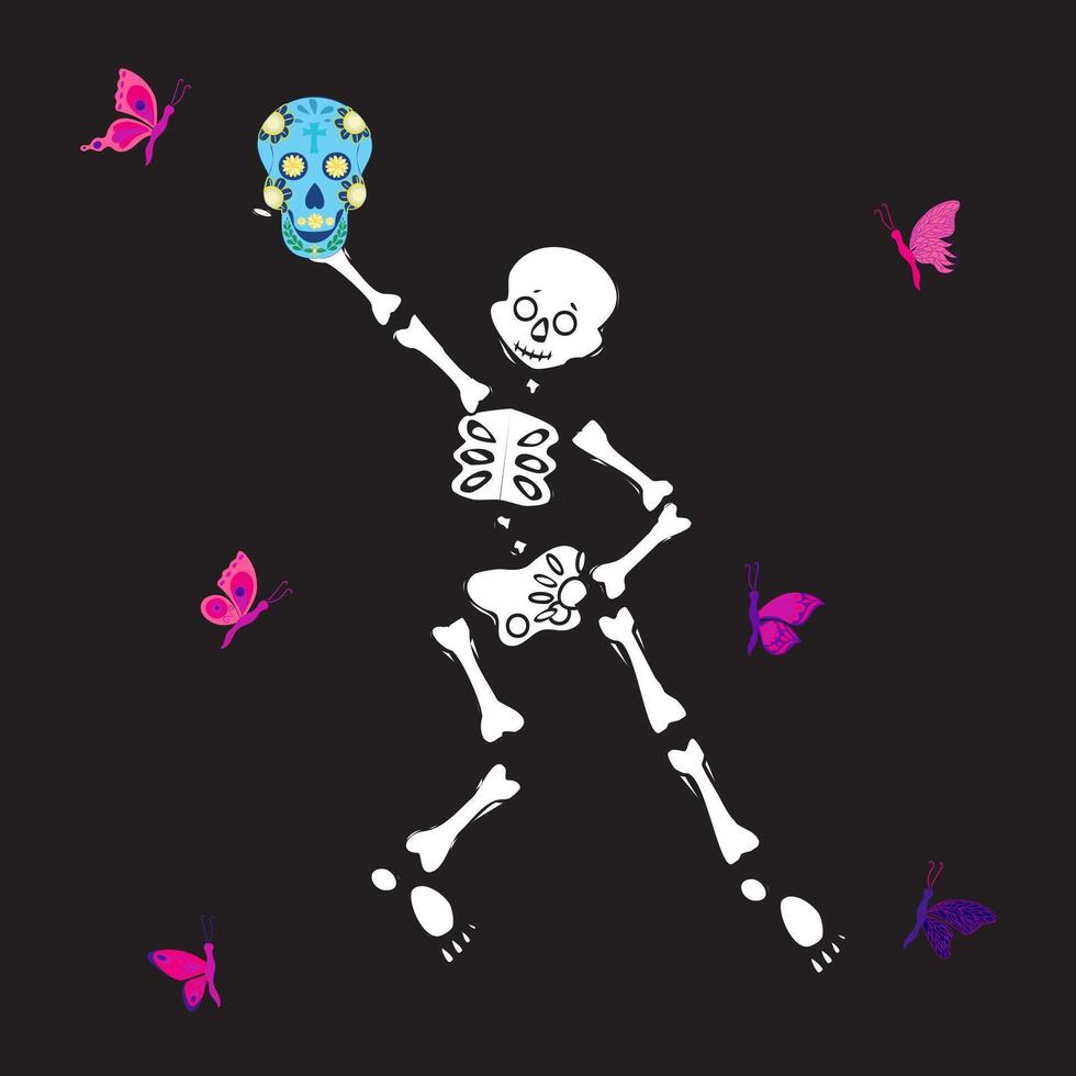 Cute skeleton dancing with sugar skull and pink butterfly. illustration on black background. vector
