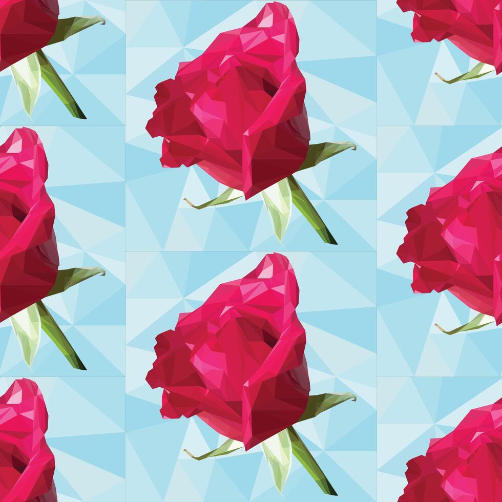 Rose in polygonal style on blue background. Seamless pattern. vector