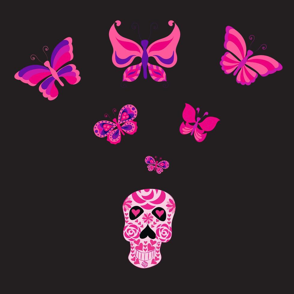 Pink skull with butterflies flying out of it. illustration for Halloween and Mexican Day of the Dead holidays. vector