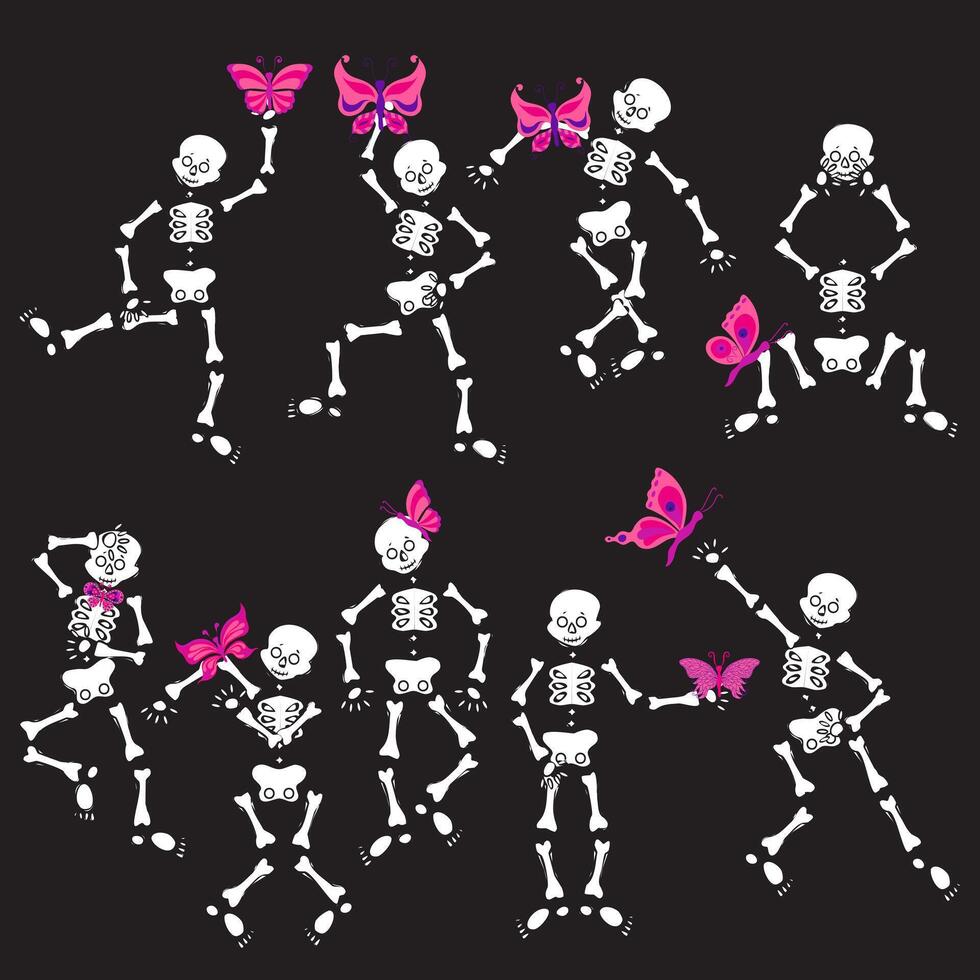 Set of skeletons dancing with pink butterflies. illustration on black background. vector