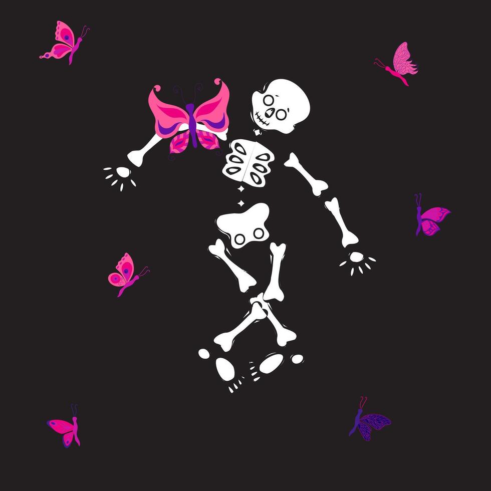 Skeleton dancing. Live butterfly sitting on his shoulder. Butterflies flying around. Halloween and Mexican Day of the Dead image. illustration on black background. vector