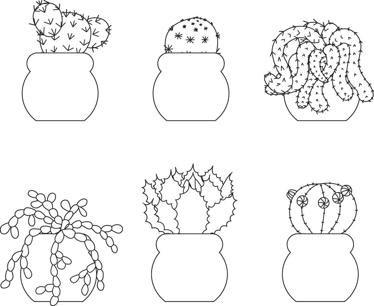 Set of cute little cacti in doodle style. illustration isolated on white background. vector