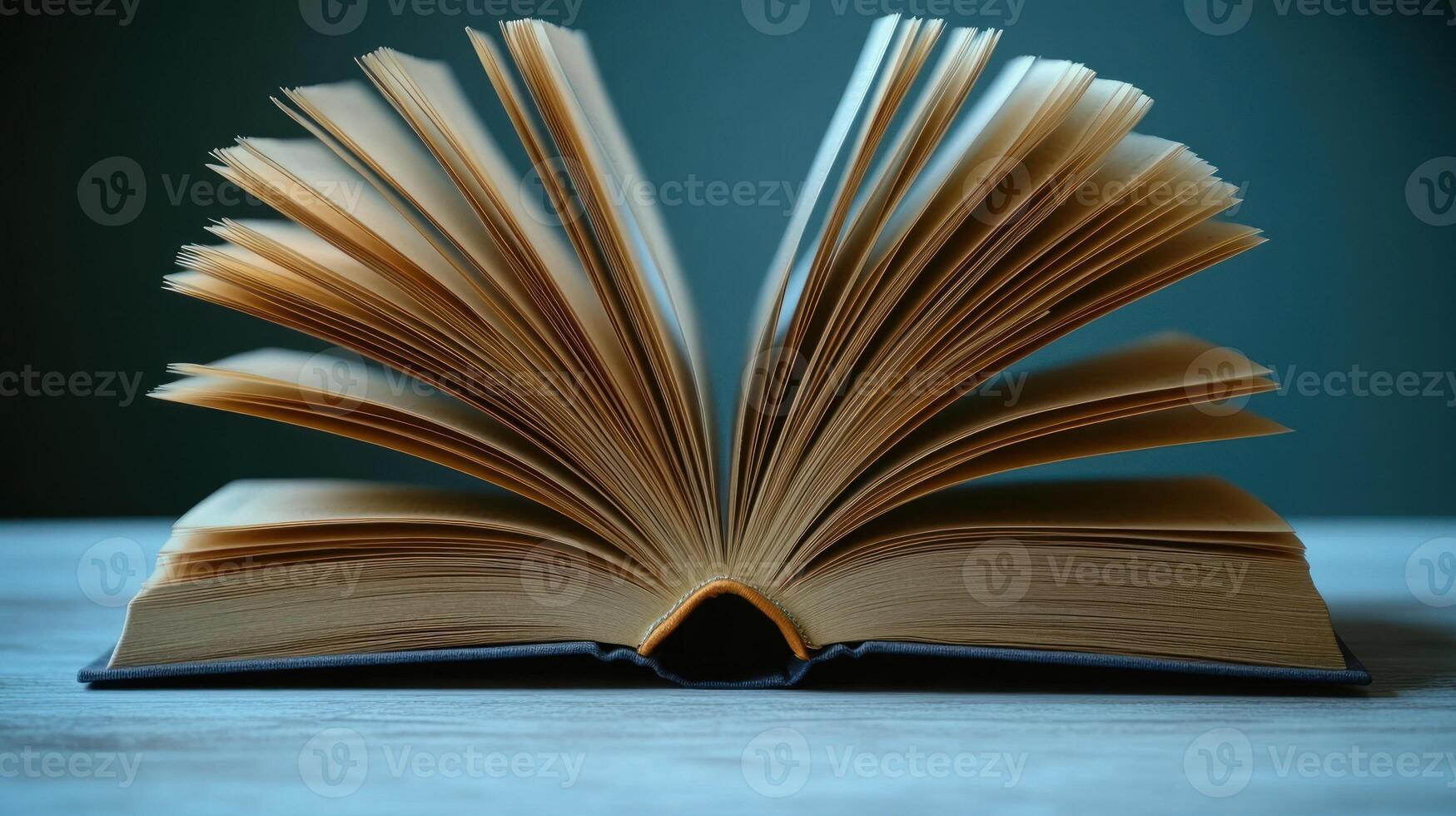 Pages rustle gently as the open book captures the serene atmosphere of a quiet study photo