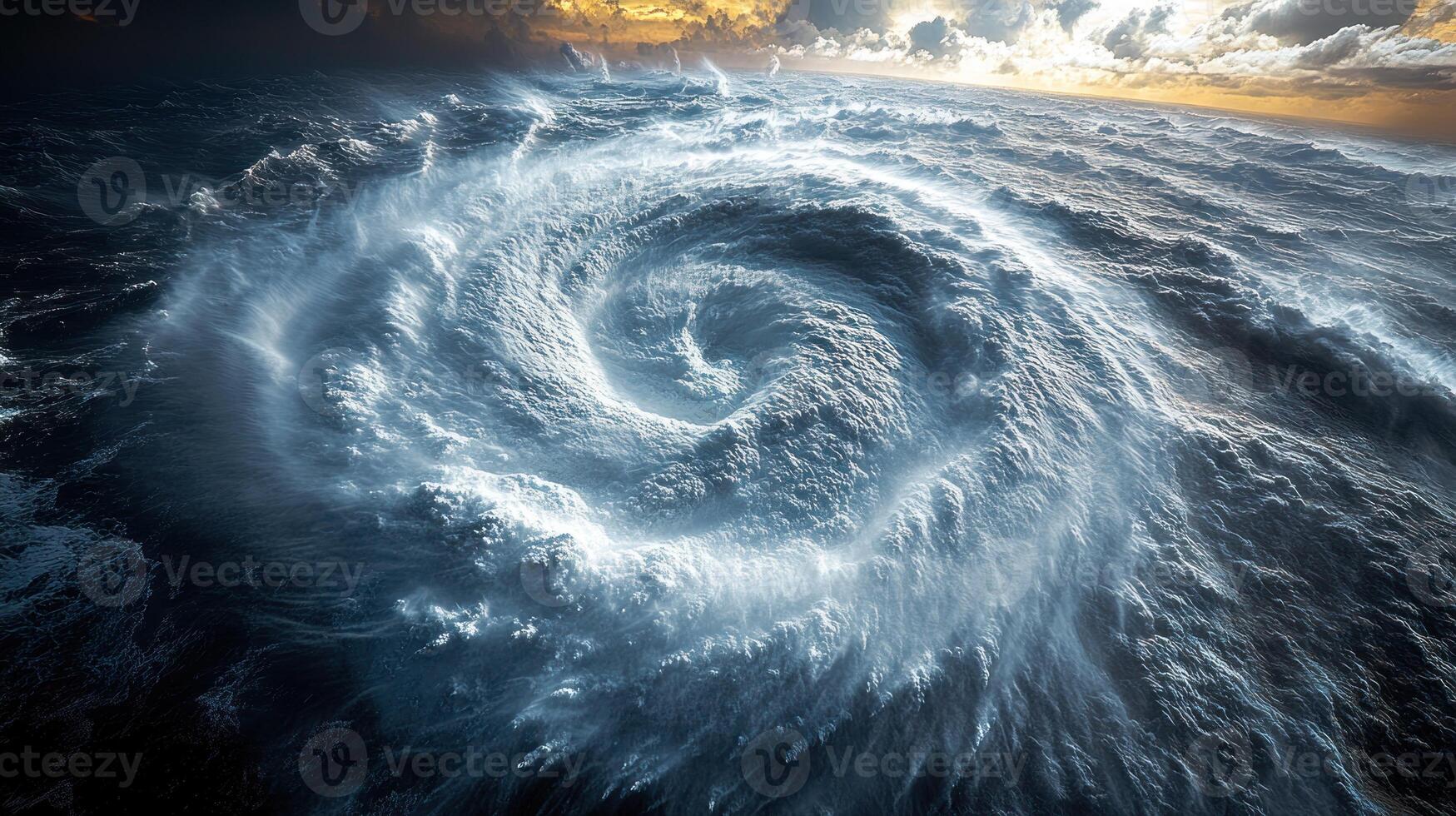Waves churn violently in a powerful spiral, illuminated by a stunning sunset backdrop photo