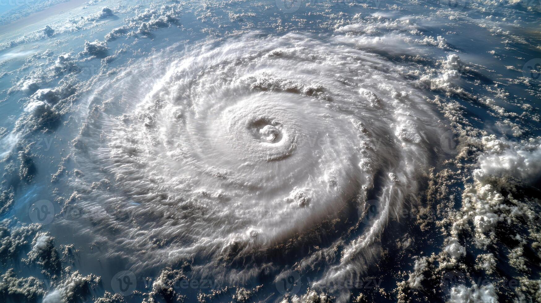 A massive cyclone spins above the ocean, casting shadows on turbulent waters photo