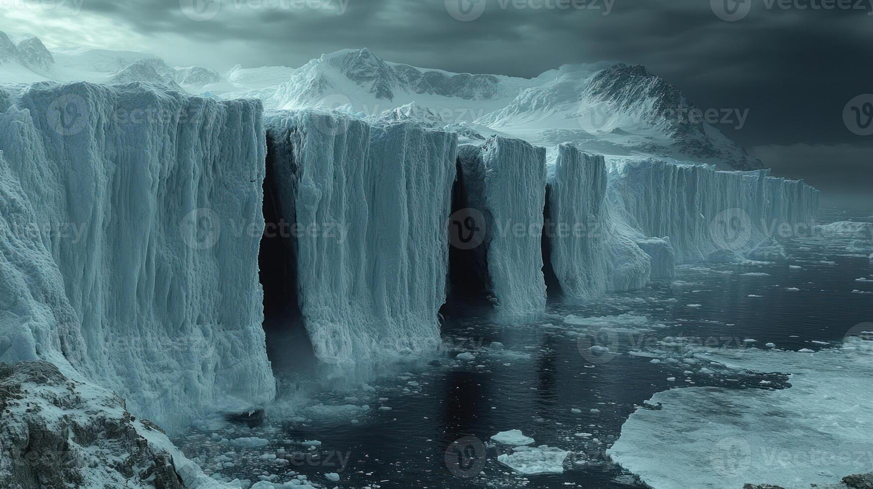 Frozen giants stand resolute at water's edge, reflecting ominous skies above photo