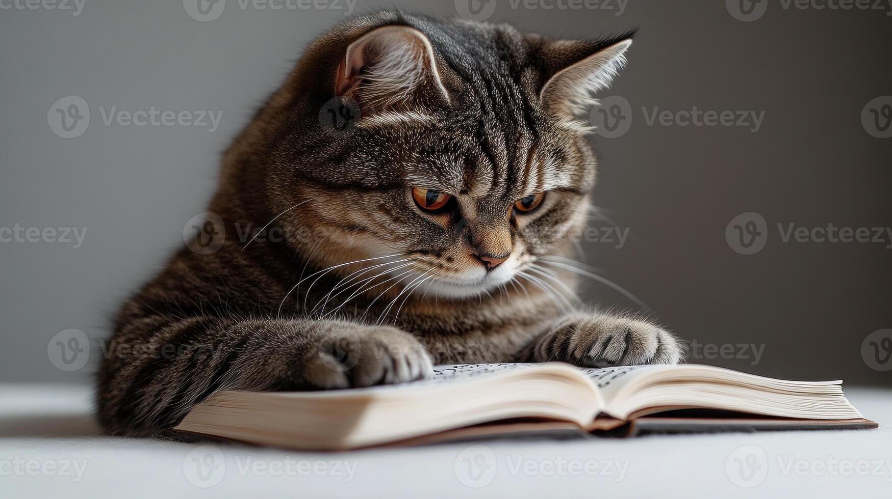 A striped cat intently studies the pages of an open book indoors photo