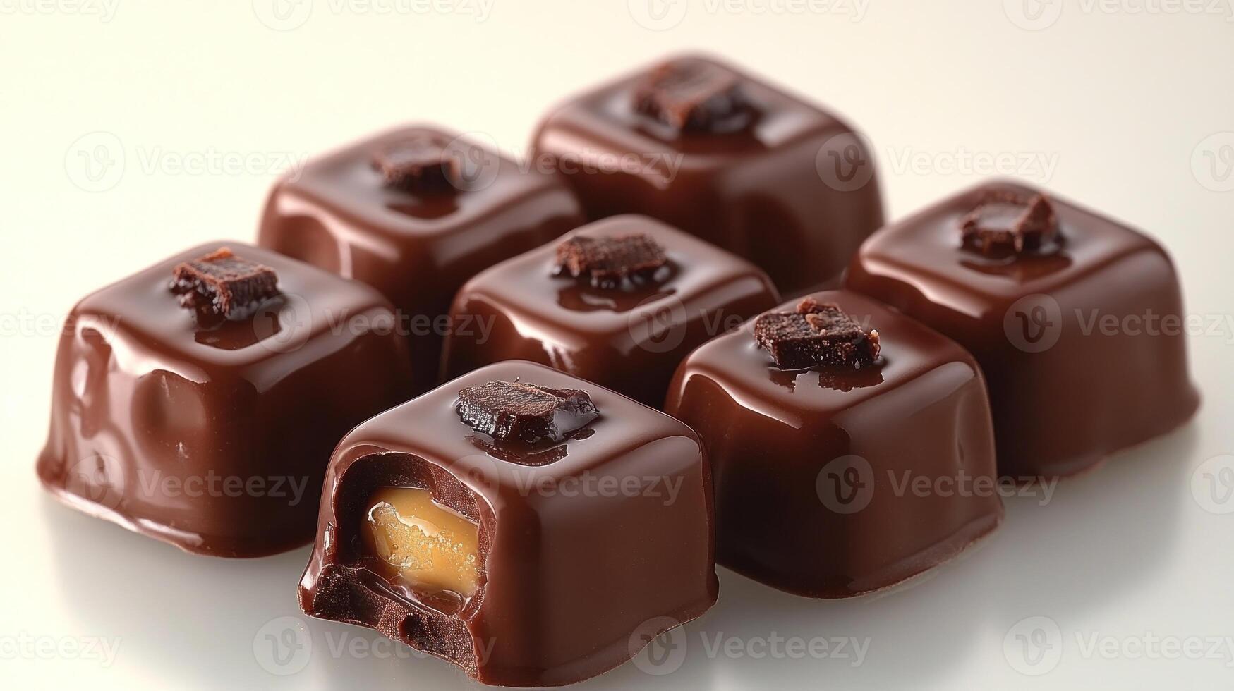 Eight luscious chocolate candies reveal rich caramel filling in a delightful display photo